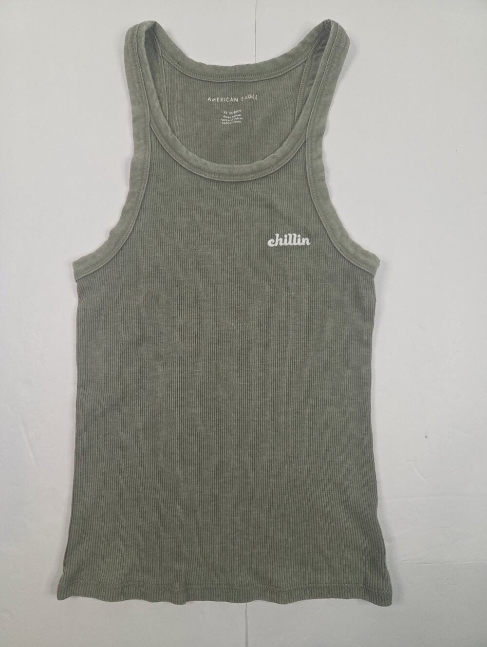 American Eagle Ribbed Tank Top Olive Sage Green Embroidered Chillin XS